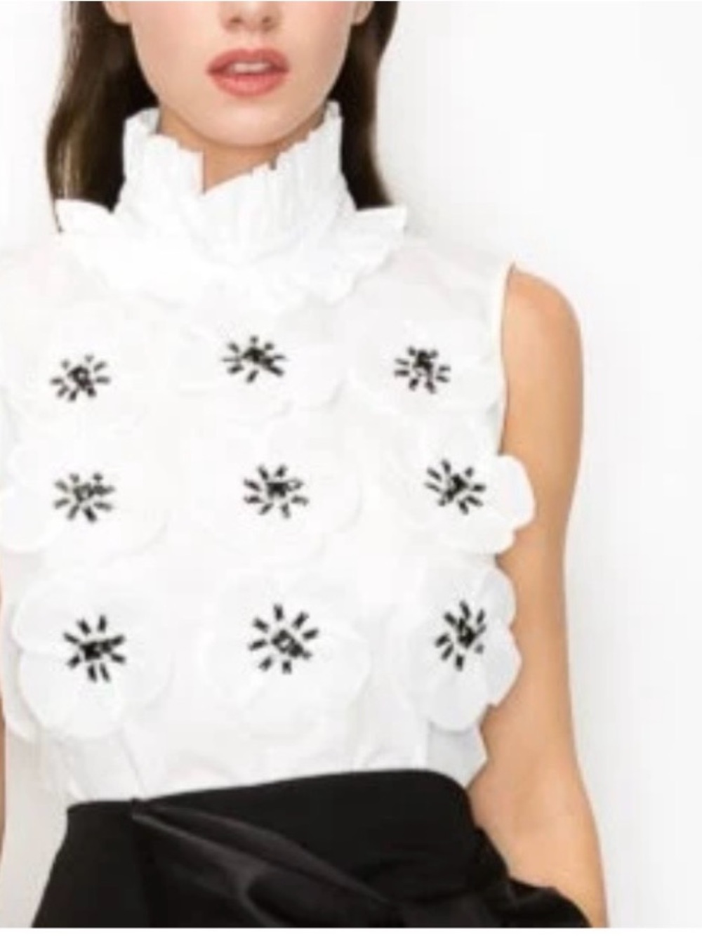 Ina White Floral Appliqué Ruffled Neck Sleeveless Top
